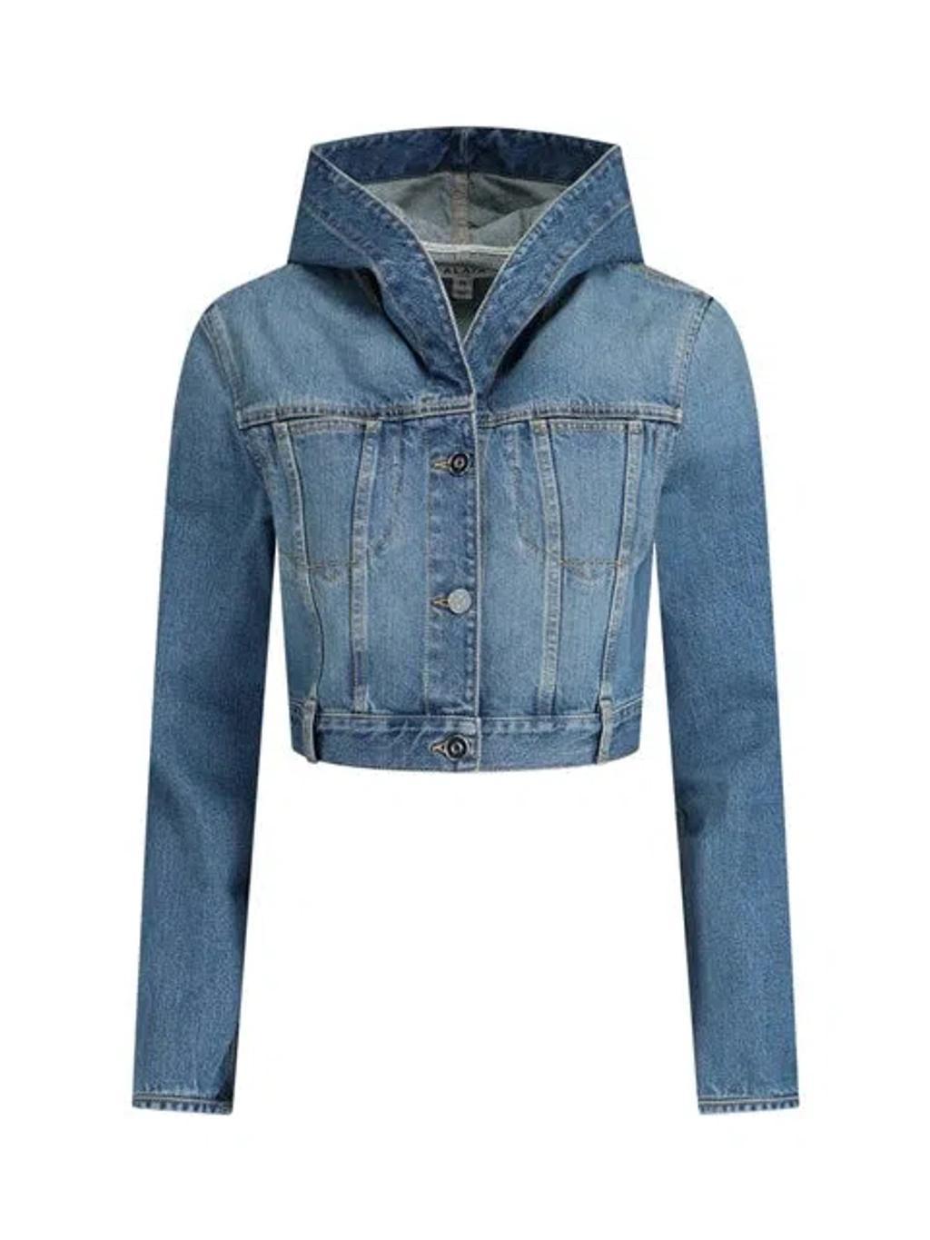 ALAÏA Cropped Hooded Jacket In Blue Product Image