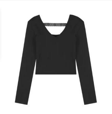 Long Sleeve V-Neck Plain Panel Lace T-Shirt Product Image