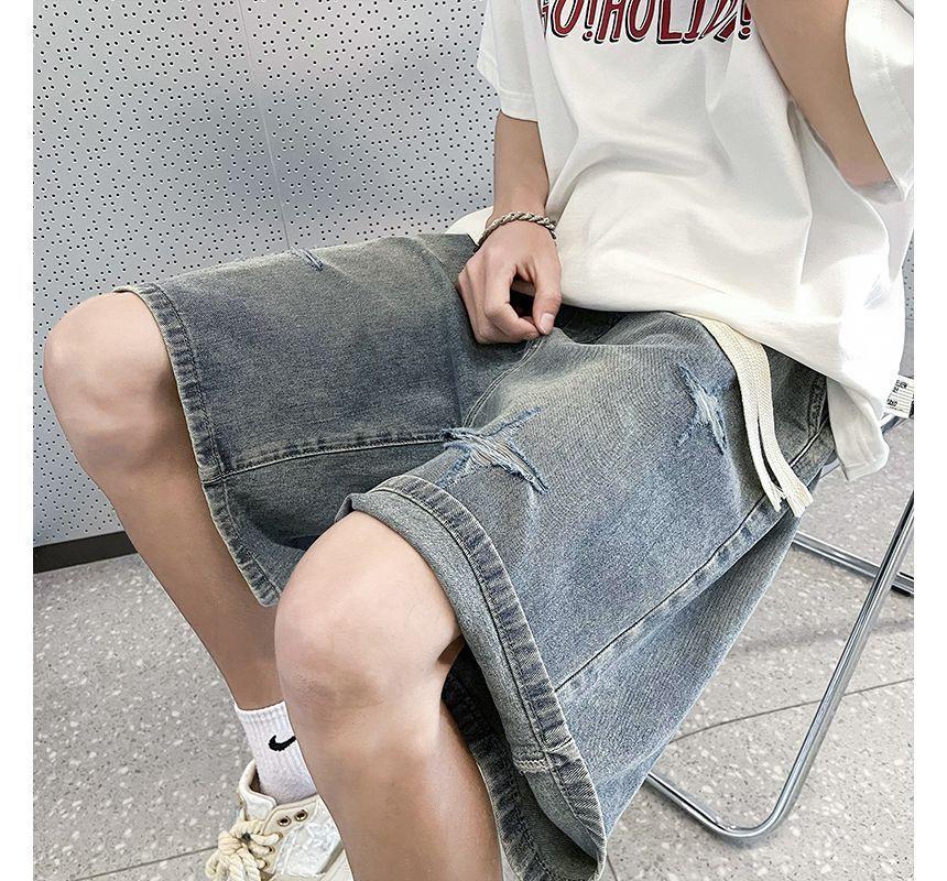 Low Rise Star Distressed Washed Denim Shorts Product Image