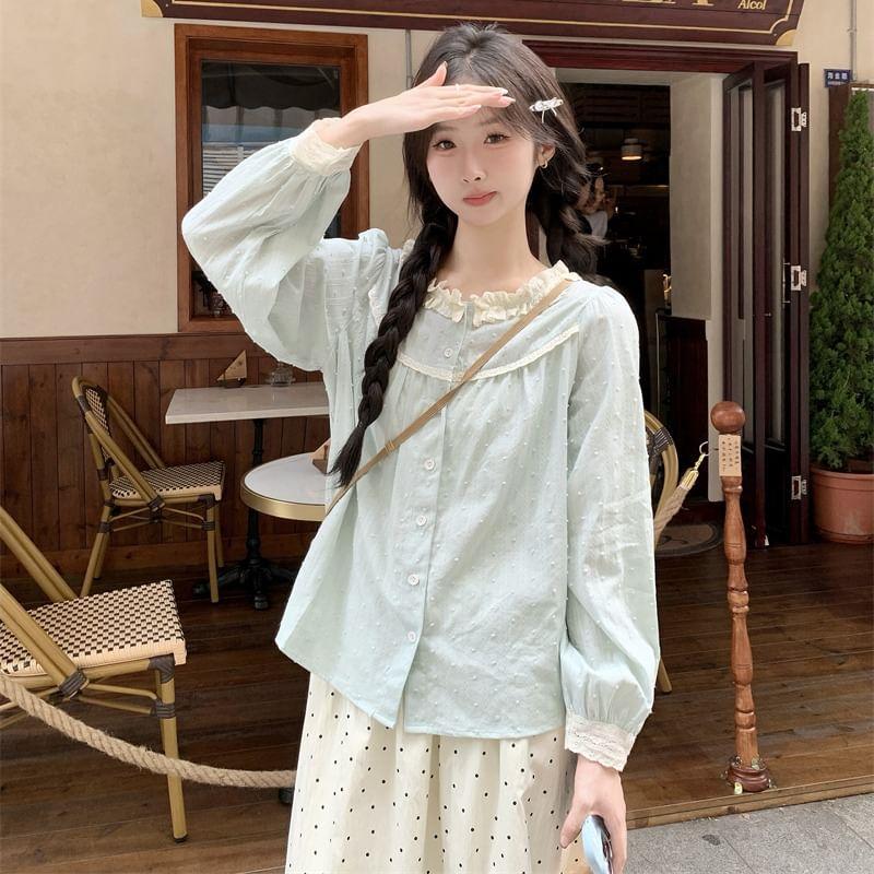 Long-Sleeve Dotted Lace Trim Blouse Product Image