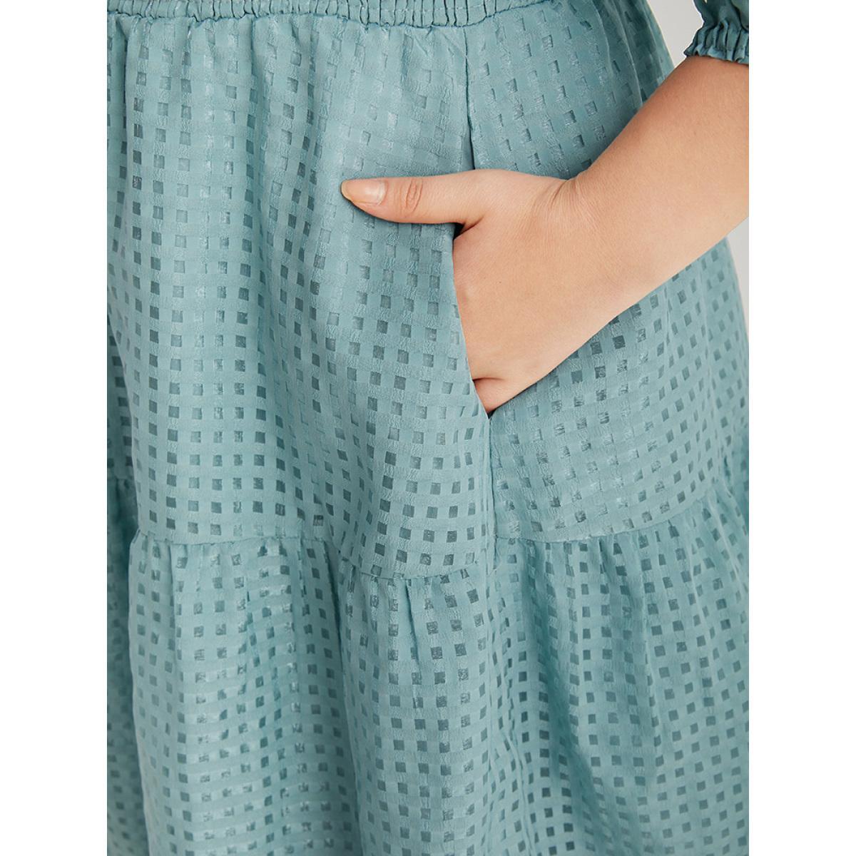 Plus Size Plain Gathered Texture Shirred Pocket Lantern Sleeve Dress Cerulean Women Elegant Elastic cuffs Square Neck Elbow-length sleeve Curvy Midi Dress BloomChic 30/6X Product Image