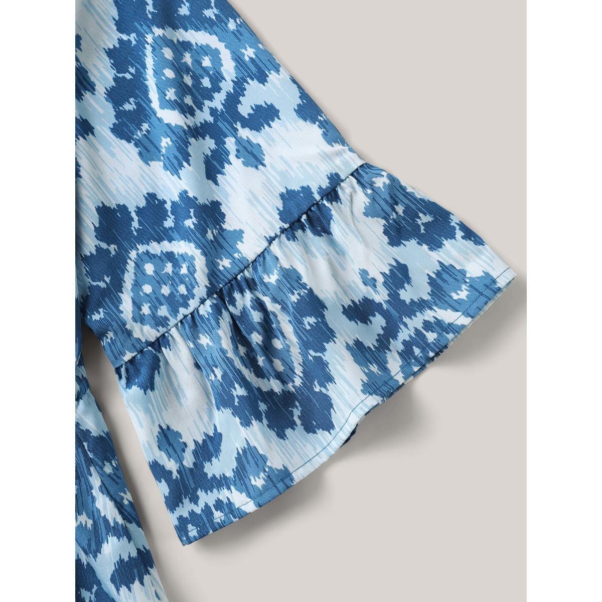 Plus Size Damask Pattern Ruffle Sleeve Midi Dress Mediumblue Women Flat collar with V-notch Elbow-length sleeve Curvy BloomChic 14-16/1X Product Image