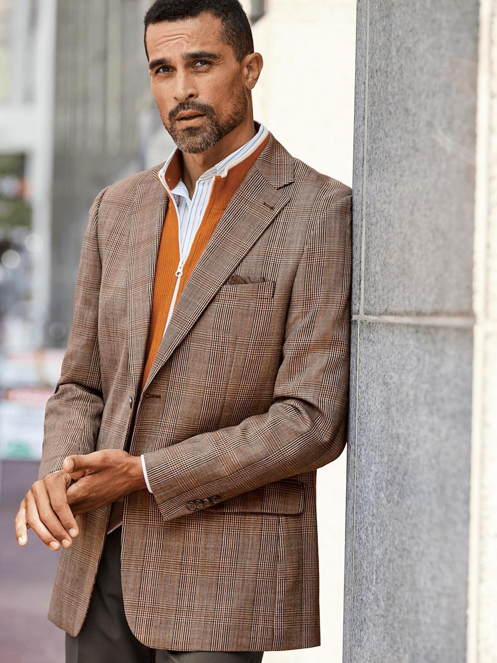 Wool Plaid Single Breasted Notch Lapel Sport Coat - Brown Product Image