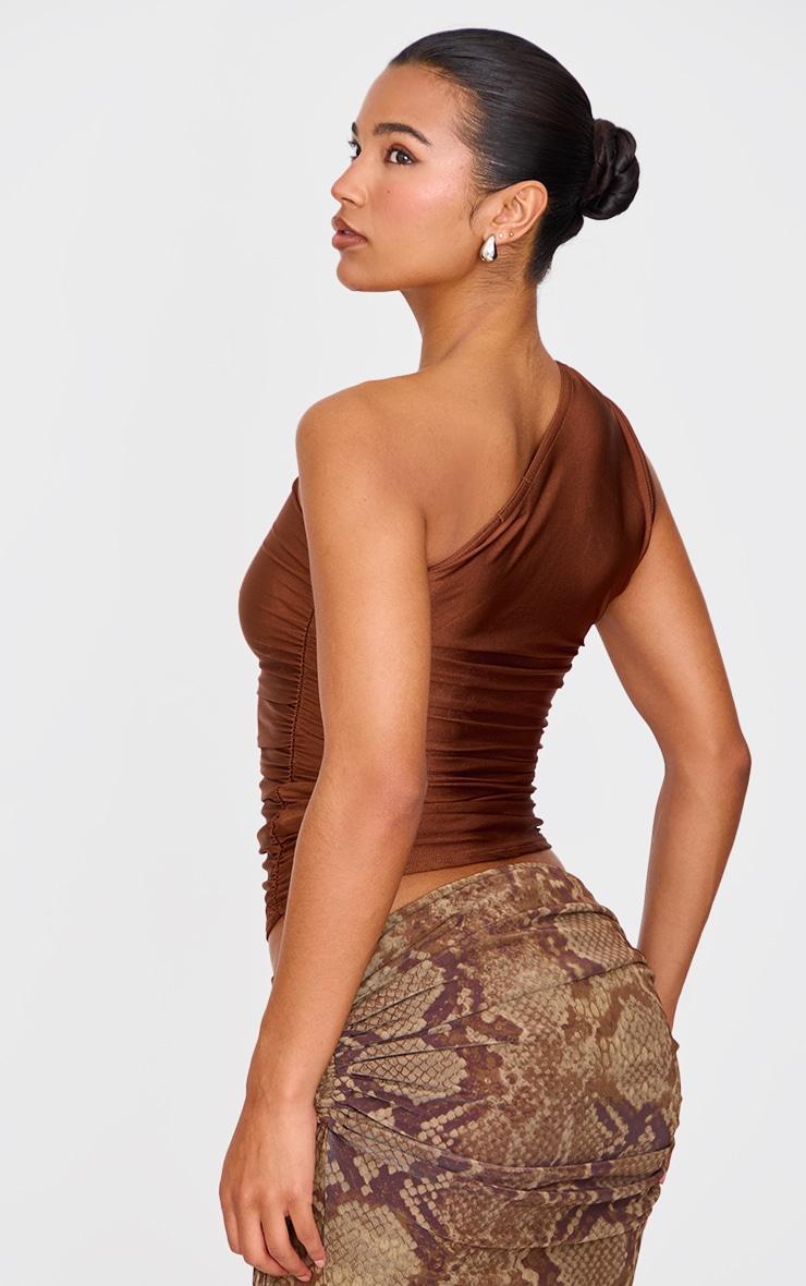 Chocolate Stretch Slinky Ruched Side Long Top Product Image