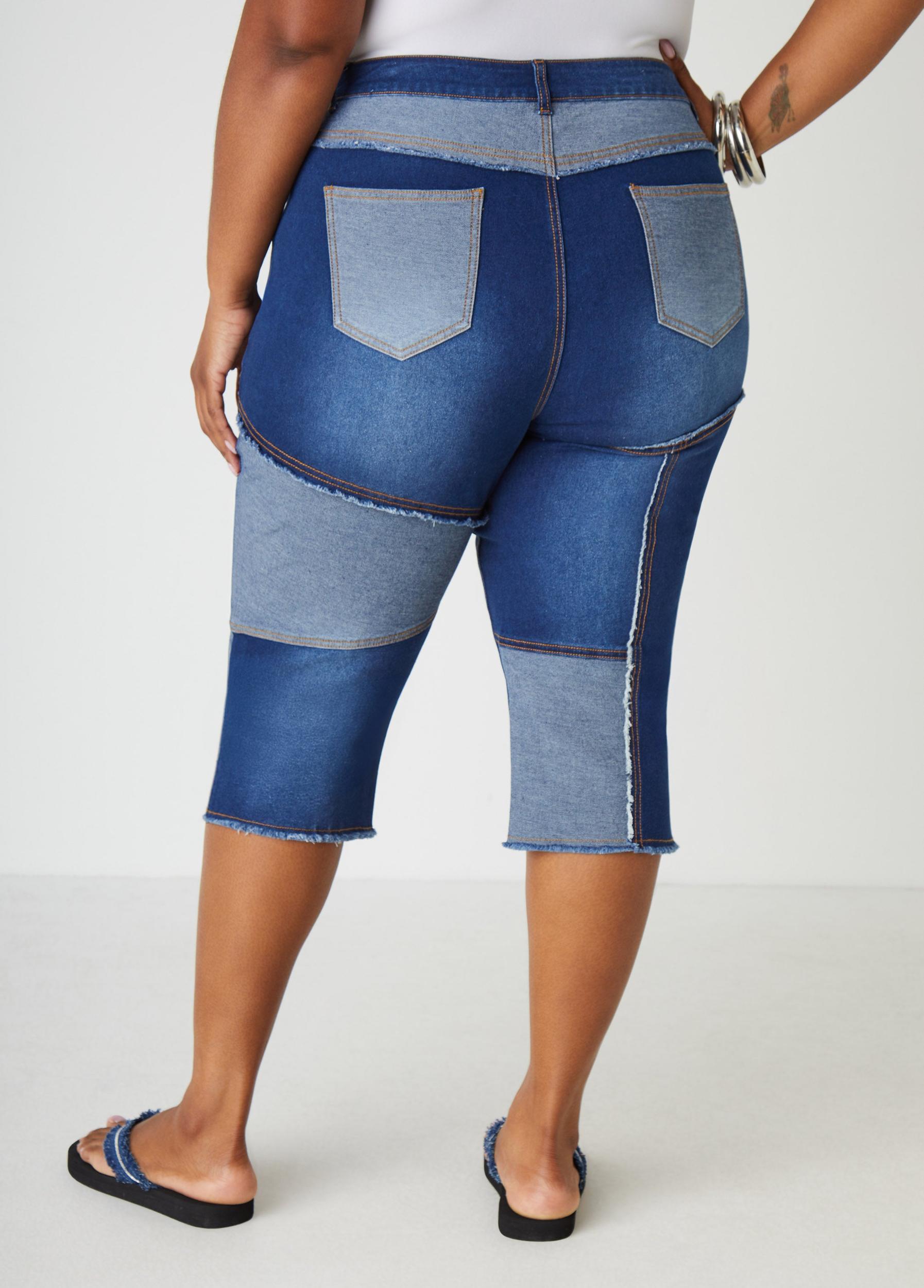 Frayed Patchwork Denim Capris Product Image