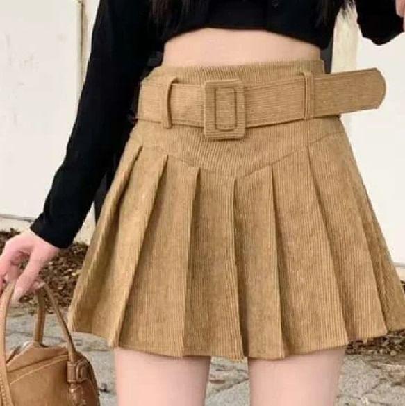 High Waist Corduroy Plain Mini Pleated A-Line Skirt Product Image