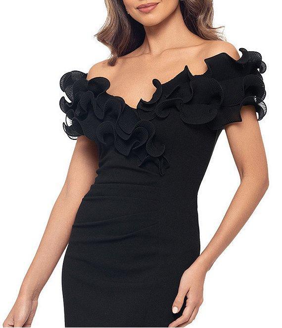 Xscape Scuba Crepe V-Neck Sleeveless Wire Ruffle Trim Ruched Back Dress Product Image