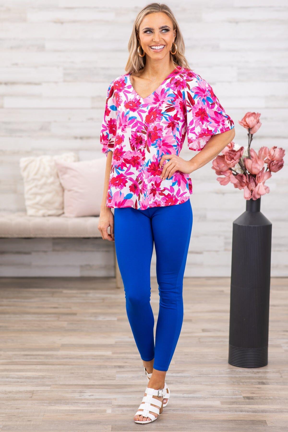 Pink Multicolor Floral Bell Sleeve V-Neck Top Product Image