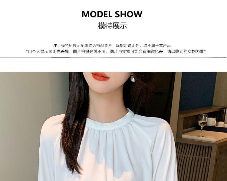 Long Sleeve Round Neck Plain Ruched Blouse Product Image