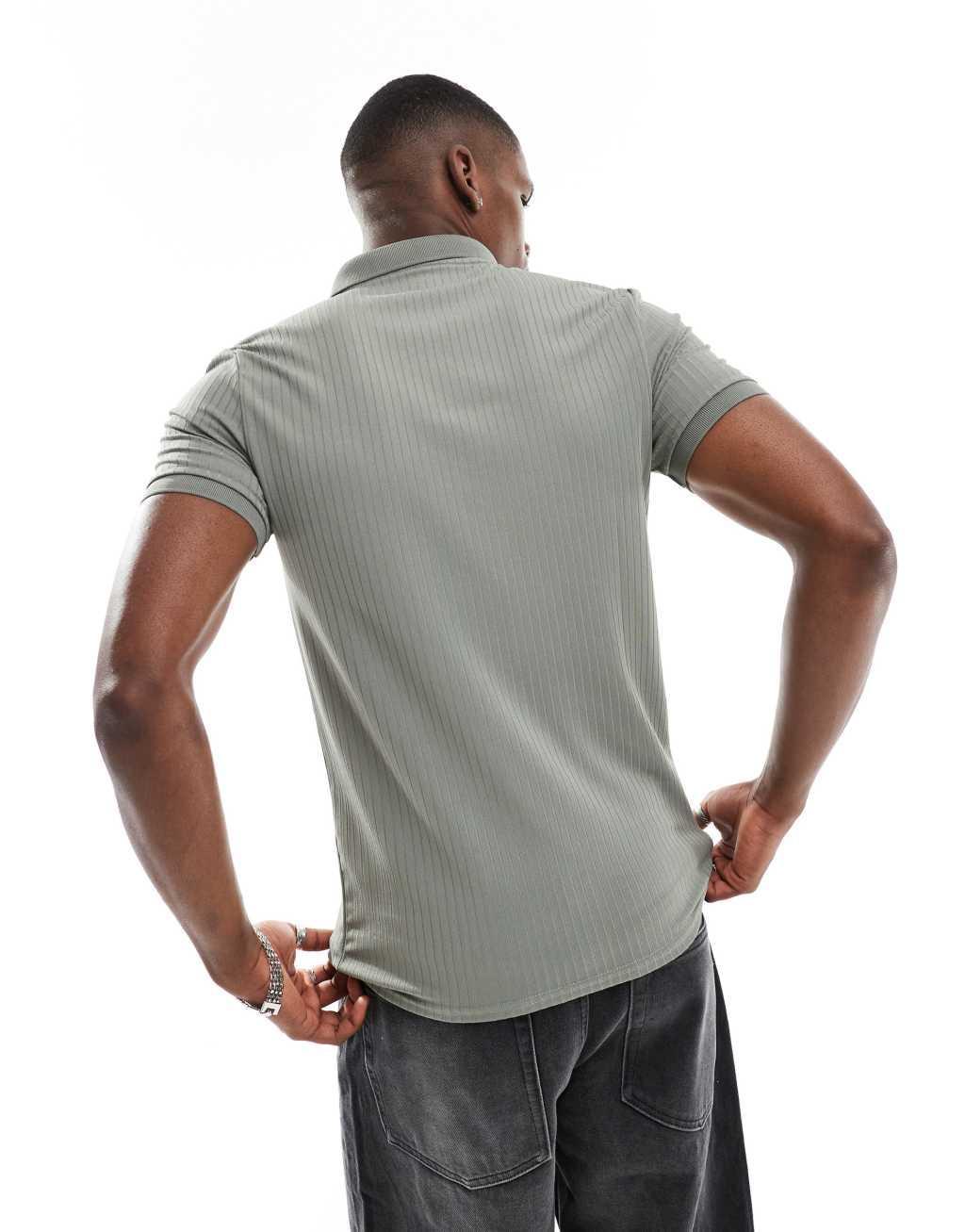  ASOS DESIGN muscle fit rib polo with zip in khaki Product Image