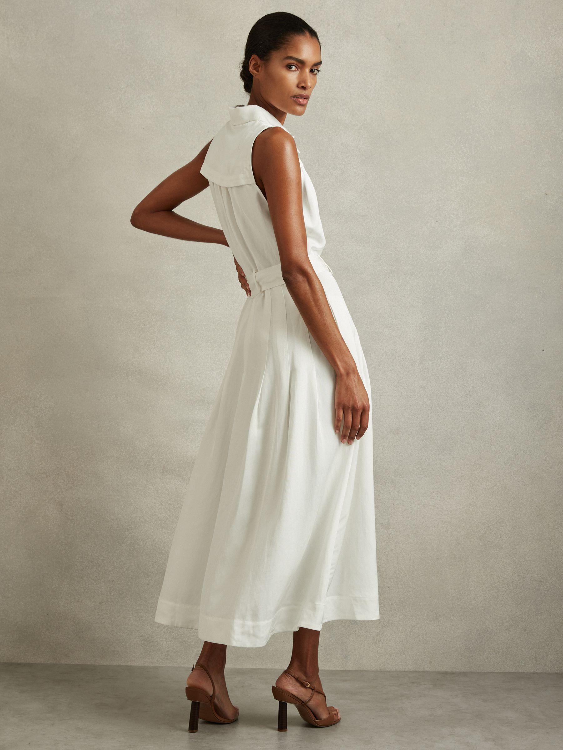 Viscose-Linen Belted Midi Dress in White Product Image