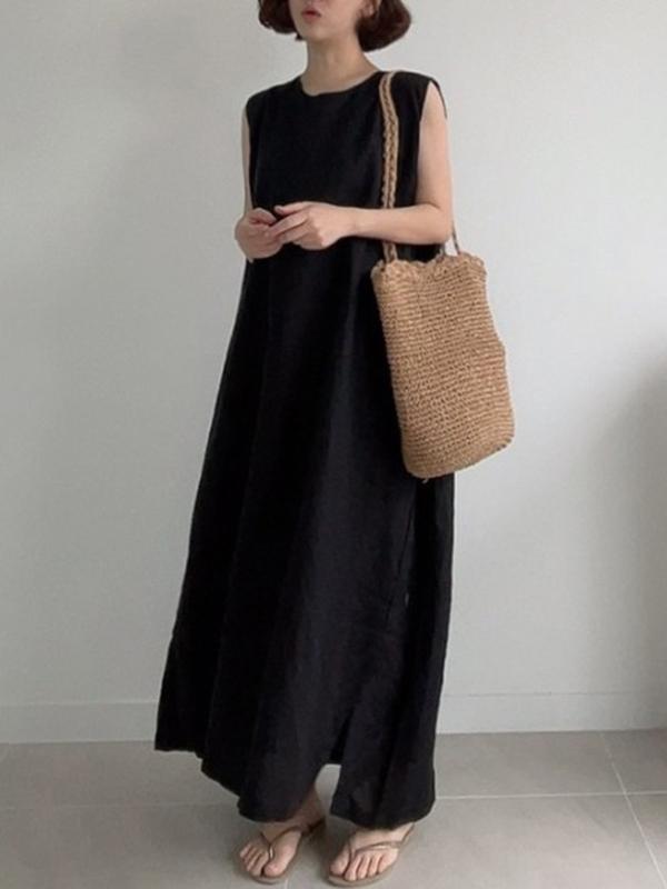Casual Simple Solid Color Split-Side Round-Neck Sleeveless Midi Dress Product Image