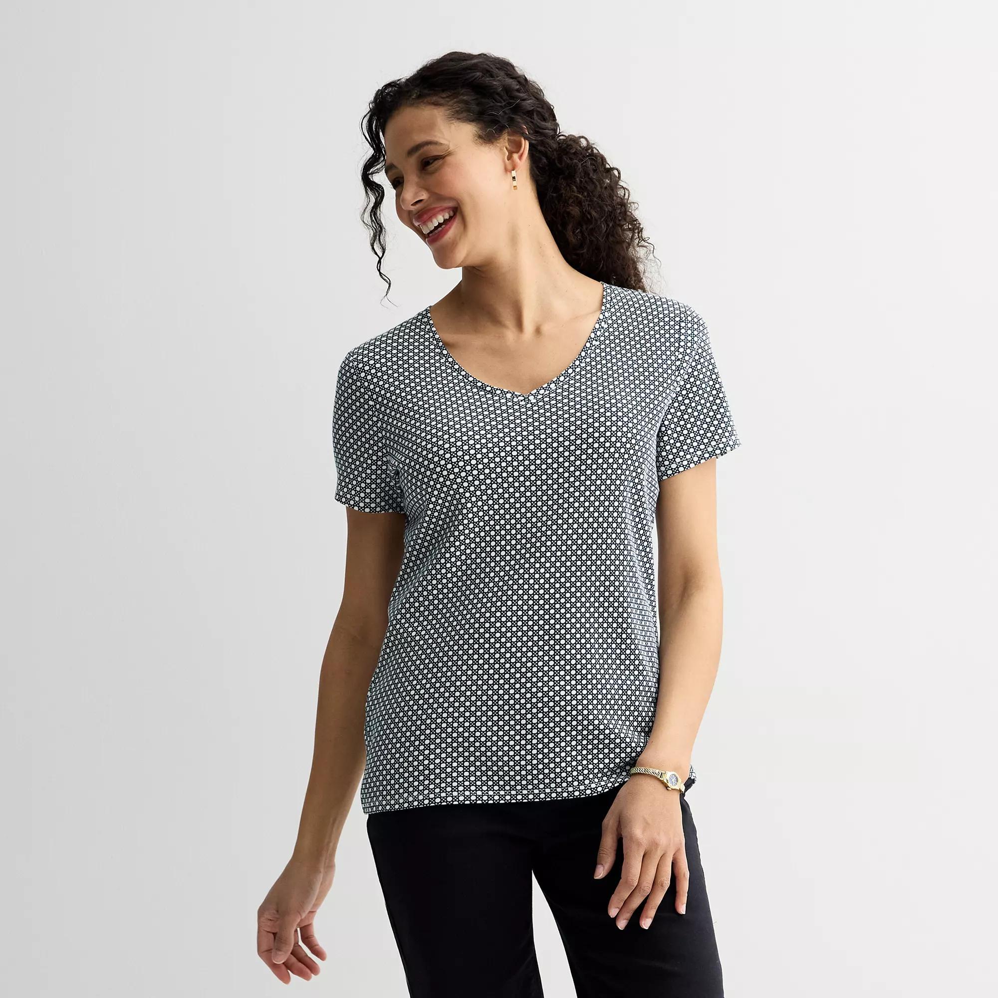 Petite Croft & Barrow® Essential V-Neck Tee, Women's, Size: Small Petite, Blue Micro Ratan Product Image