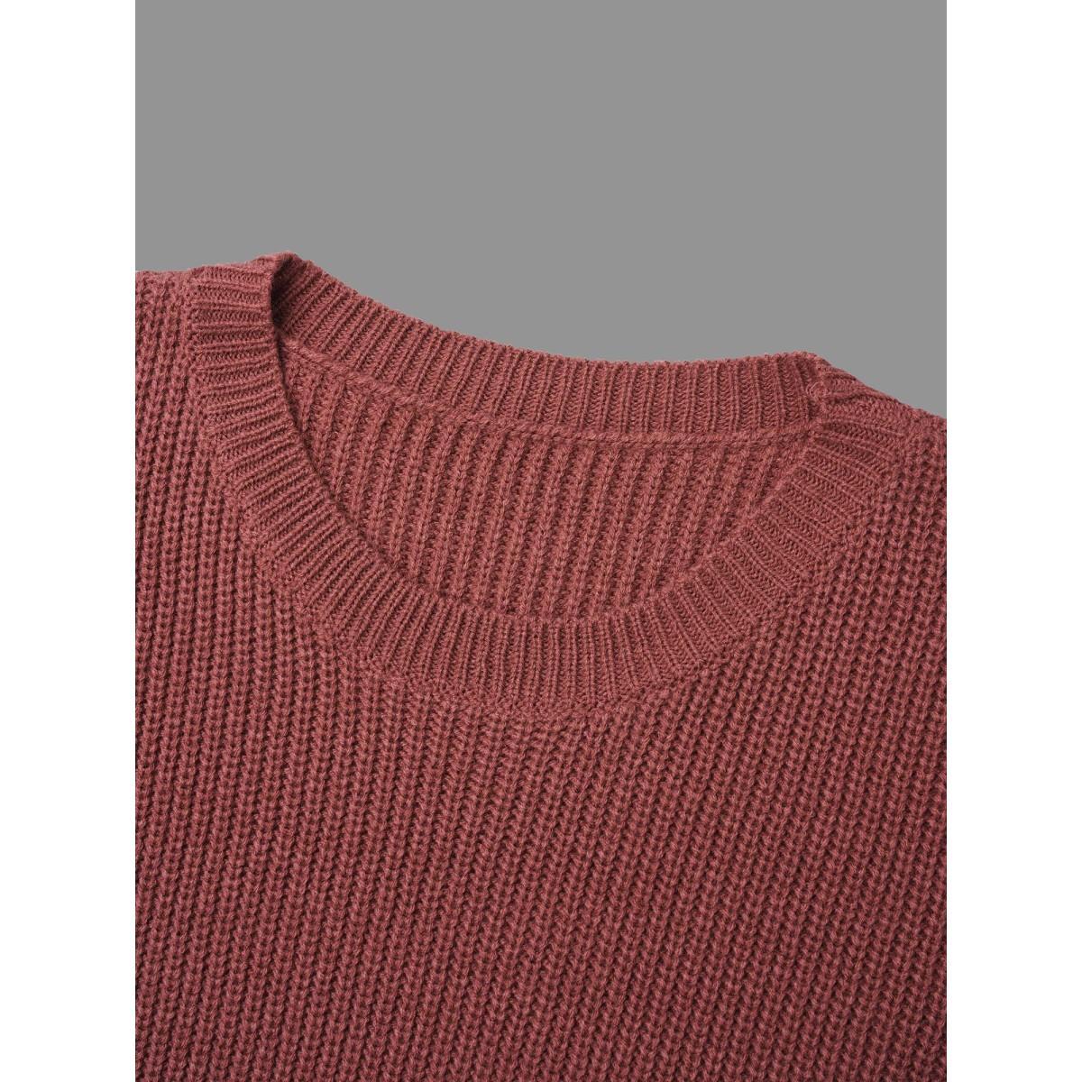 Plus Size Textured Drop Shoulder Button Detailing Pullover Russet Women Casual Loose Long Sleeve Round Neck Everyday Pullovers BloomChic 10/M Product Image