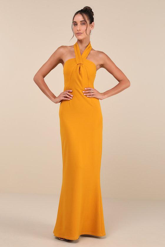 Mesmerizing Perfection Yellow Halter Neck Backless Maxi Dress Product Image