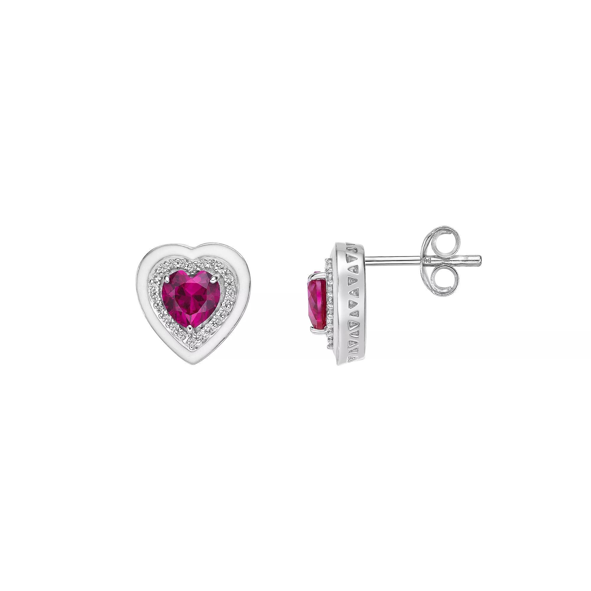 Gemminded Lab-Created Ruby & Lab-Created White Sapphire Heart Stud Earrings, Women's, Sterling Product Image