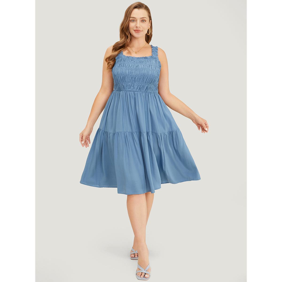 Plus Size Solid Shirred Pocket Ruffle Tiered Cami Dress Stone Women Elegant Gathered Square Neck Sleeveless Curvy Knee Dress BloomChic 18-20/2X Product Image