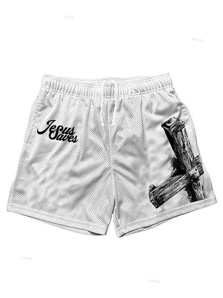 Men's Casual Jesus Saves Graphic Print Mesh Shorts Product Image