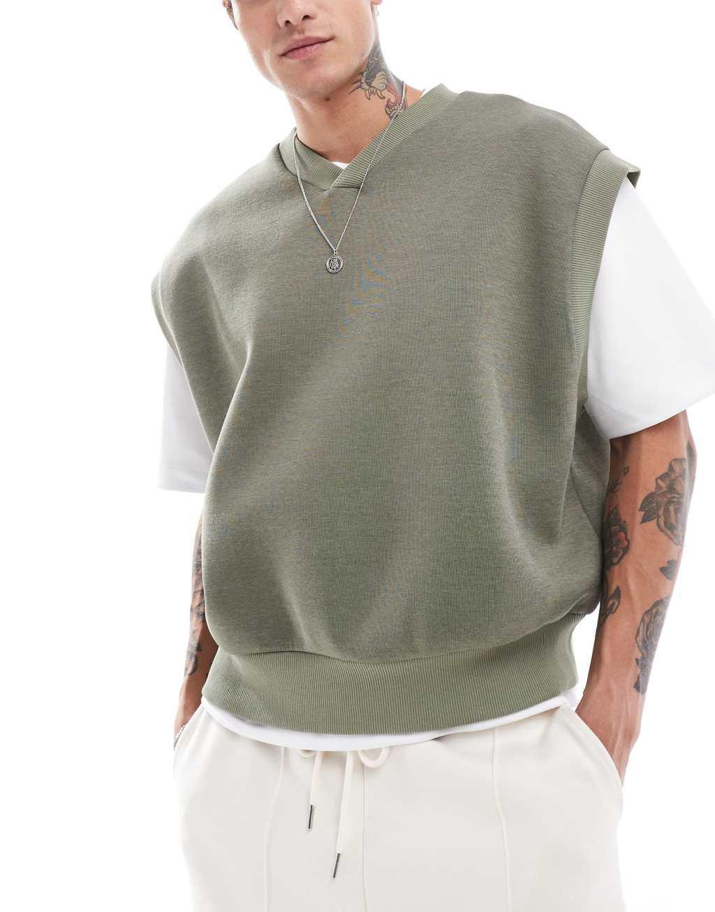 ASOS DESIGN oversized scuba sleeveless sweatshirt with V-neck in khaki Product Image