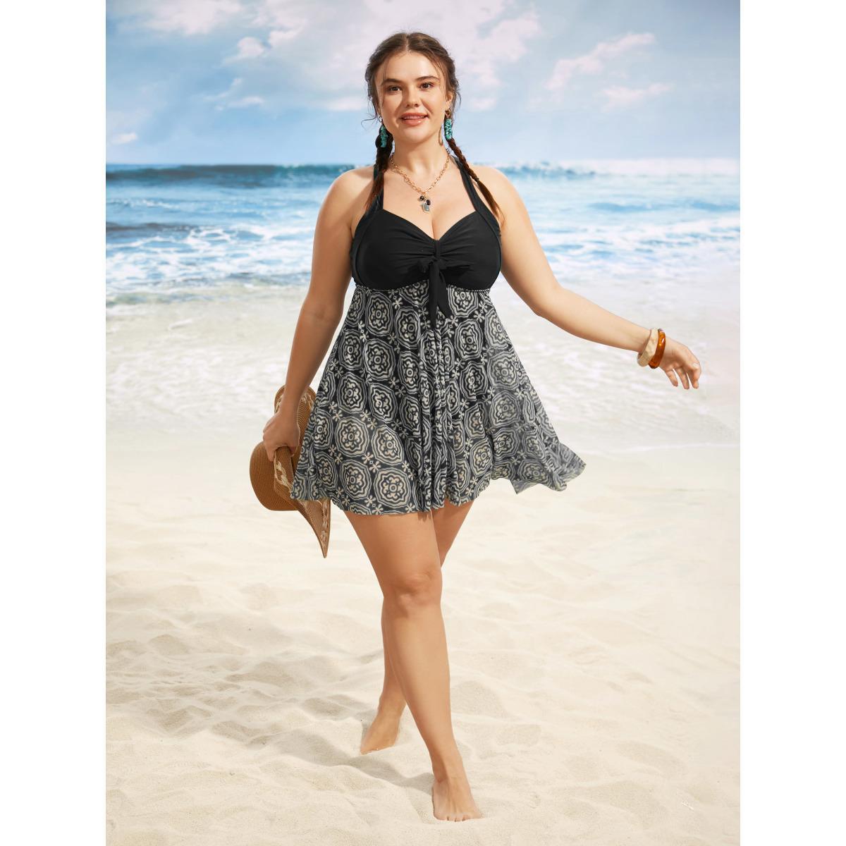 Plus Size Boho Print Patchwork Tie Knot Gathered Swim Dress Women's Swimwear Black Beach Bodycon Heart neckline High stretch Curve Swim Dresses BloomChic 28/5X Product Image