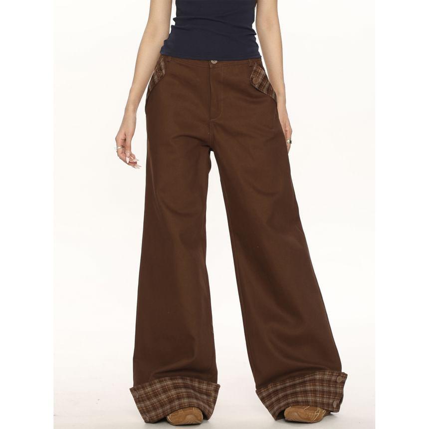 High Waist Plaid Panel Wide Leg Baggy Jeans Product Image