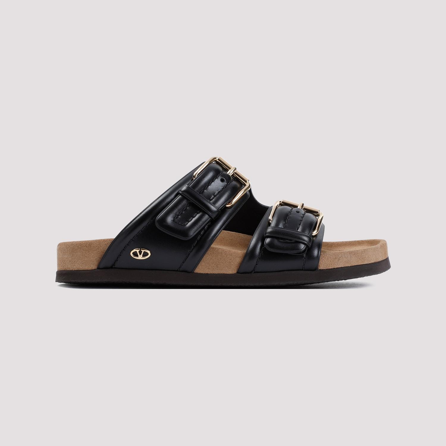 VALENTINO GARAVANI Leather Slide Sandals Gold Hardware In Black Product Image