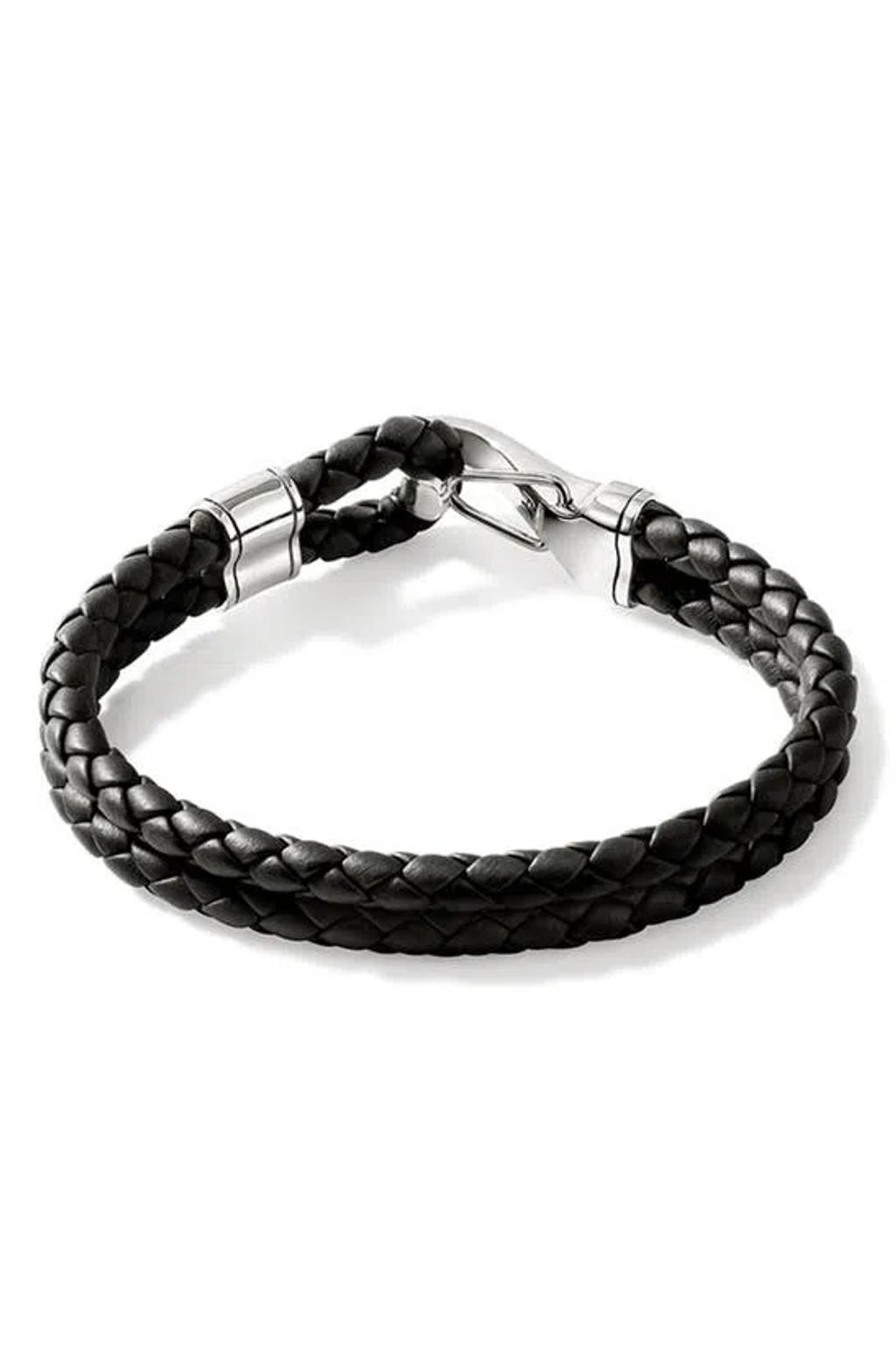 Mens Braided Leather & Sterling Silver Double Row Bracelet Product Image