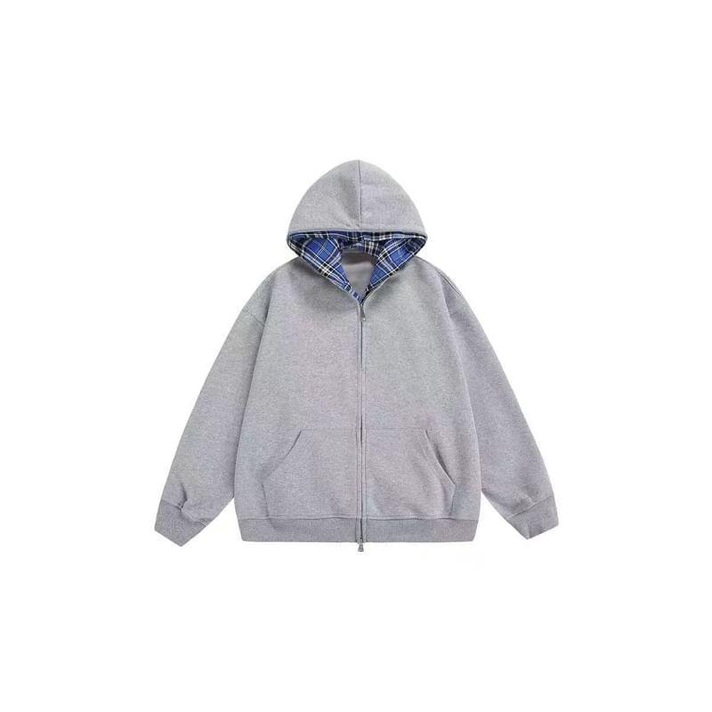 Plaid Panel Mock Two Piece Zip Hoodie Product Image