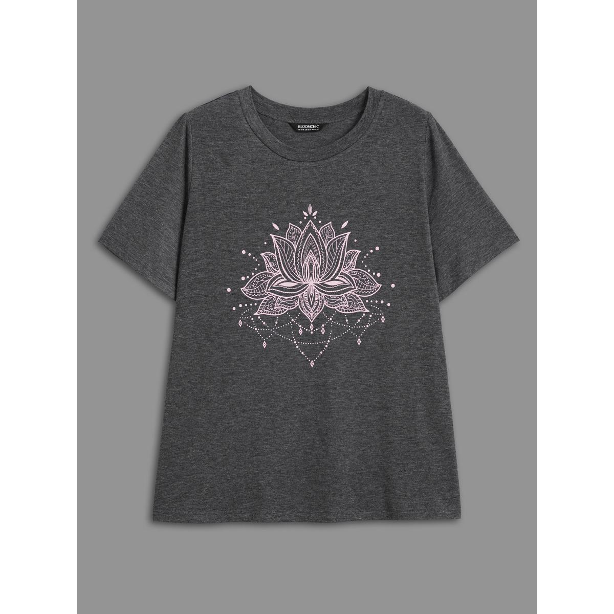 Plus Size Floral Printed Round Neck Stretchy T-shirt DimGray Women Casual Non Natural Flowers Round Neck Everyday T-shirts BloomChic 12/L Product Image