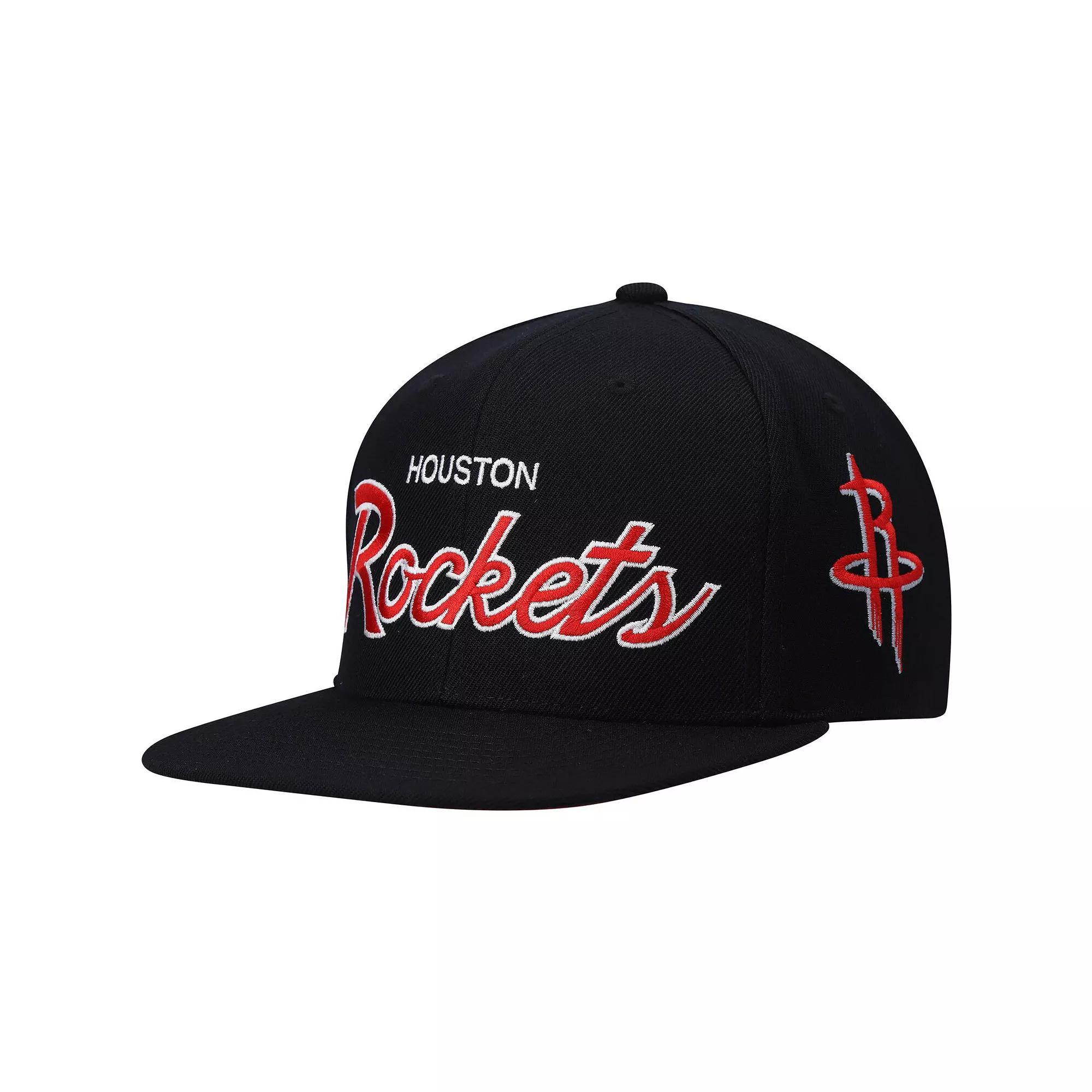 Men's Mitchell & Ness Black Houston Rockets Hardwood Classics Script 2.0 Snapback Hat Product Image