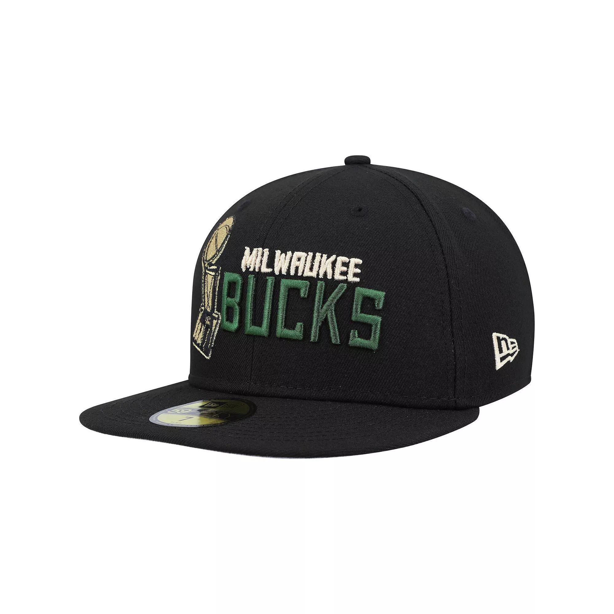 Men's New Era Black Milwaukee Bucks Champs Trophy 59FIFTY Fitted Hat, Size: 7 1/4 Product Image