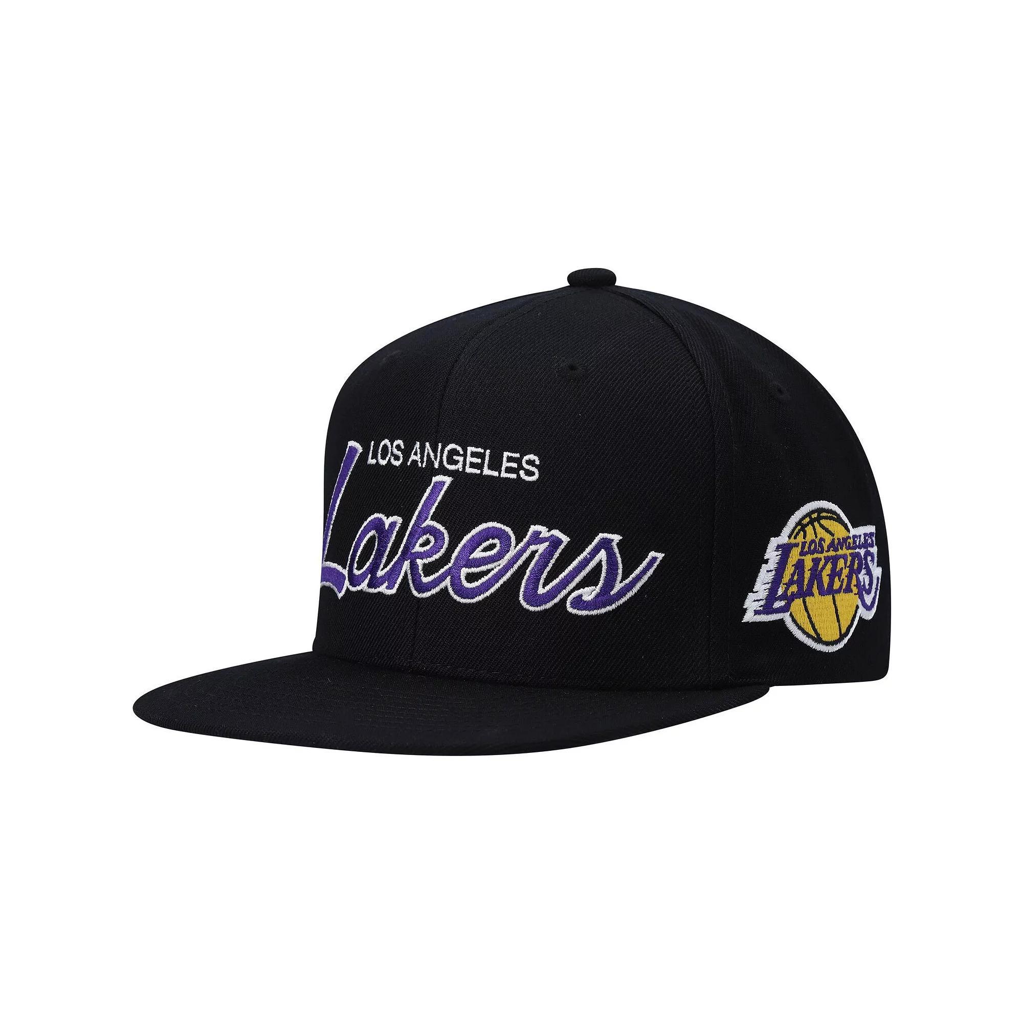 Men's Mitchell & Ness Black Los Angeles Lakers Hardwood Classics Script 2.0 Snapback Hat Product Image
