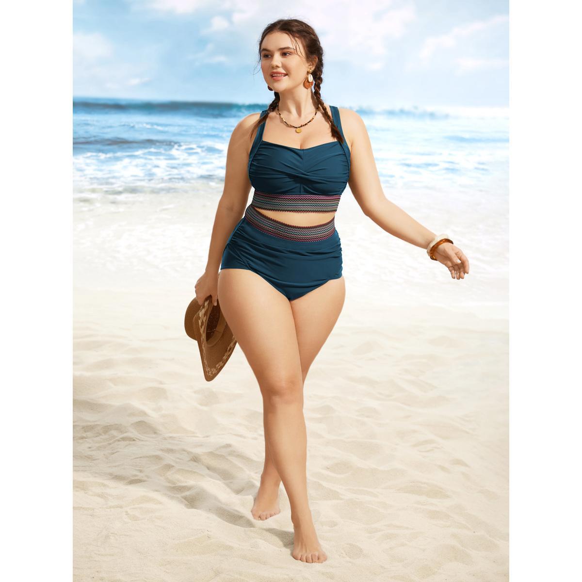 Plus Size Twist Front Patchwork Woven Ribbon Swim Top Women's Swimwear Cyan Resort Woven ribbon&lace trim High stretch Skinny Heart neckline Curve Swim Tops BloomChic 30/6X Product Image