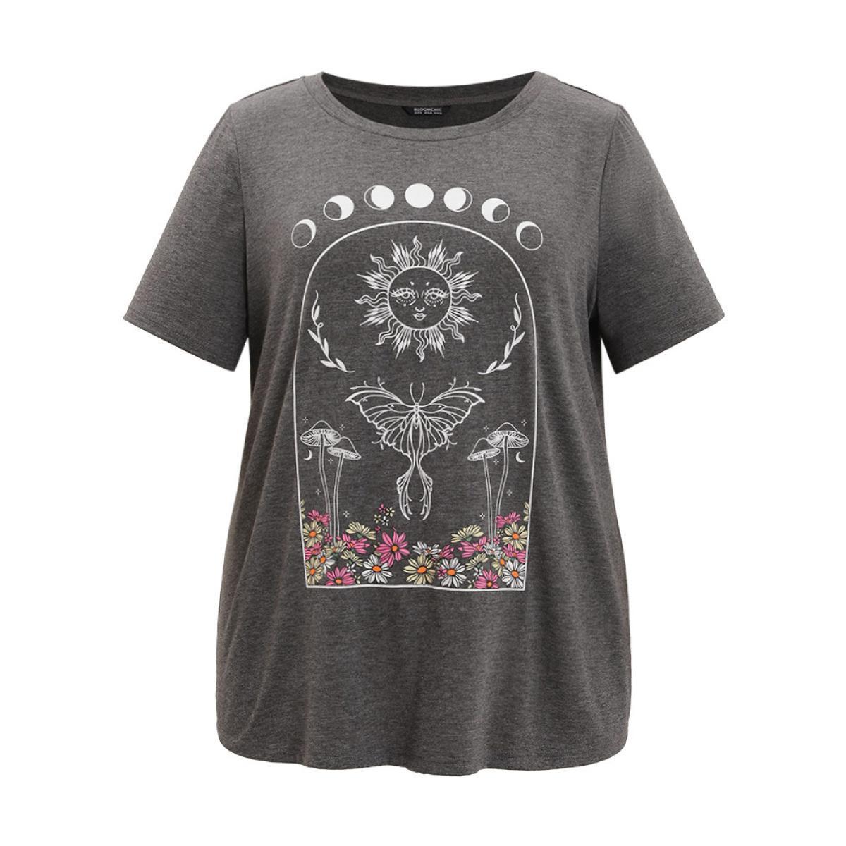 Plus Size Butterfly & Moon Print Heather Graphic T-shirt DimGray Women Casual Heather Star and moon Dailywear T-shirts BloomChic 28/5X Product Image