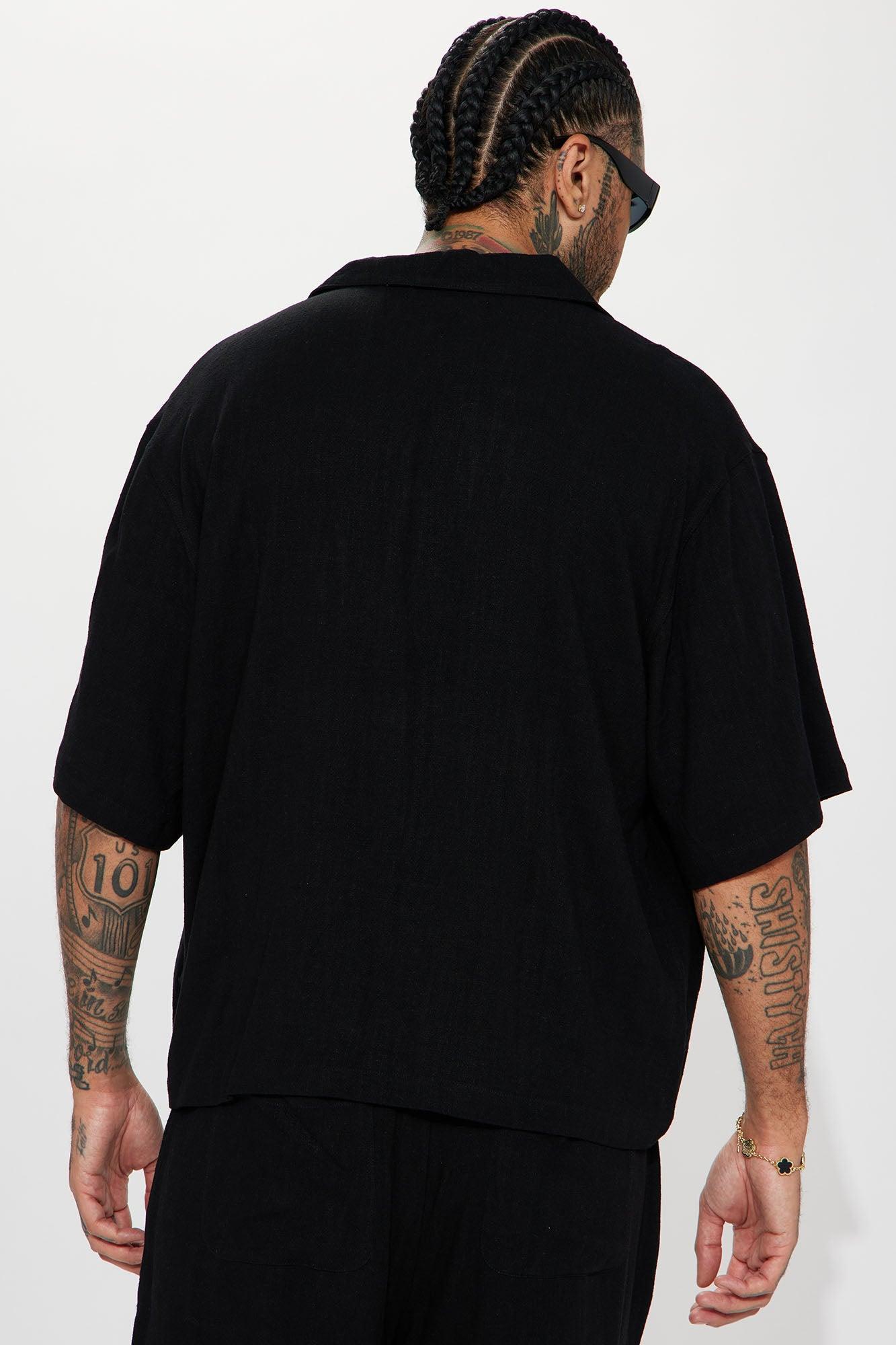 Solid Textured Linen Button Up Shirt - Black Product Image