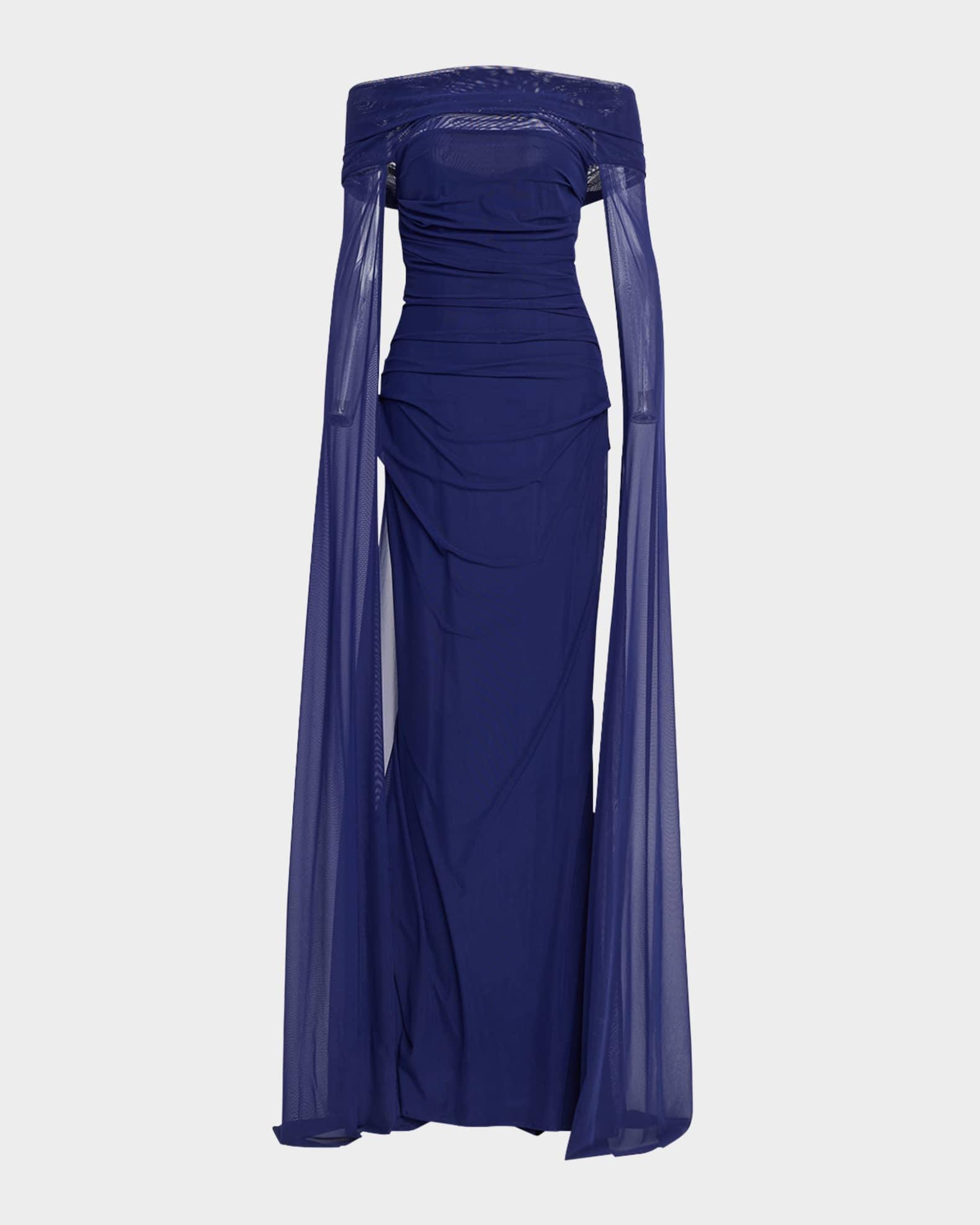 Off-The-Shoulder Ruched Mesh Cape Gown Product Image