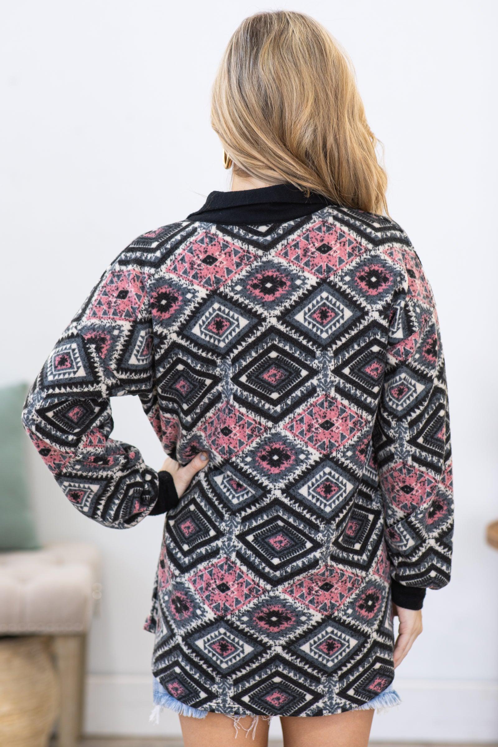 Black and Pink Aztec Print Knit Shacket Product Image