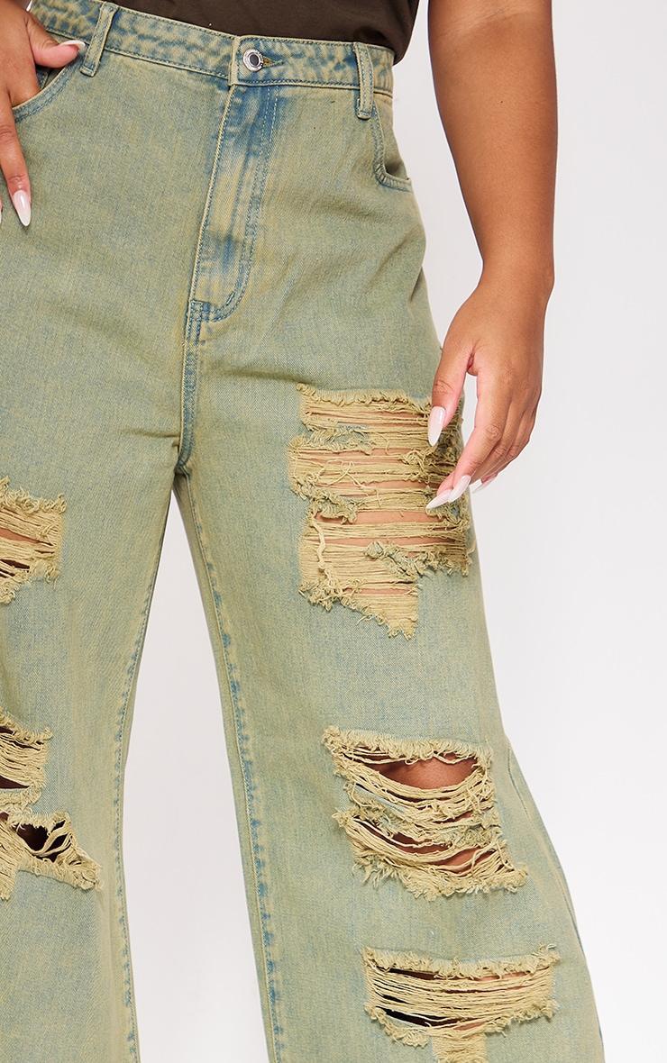 Plus Khaki Distressed Washed Denim Jeans Product Image