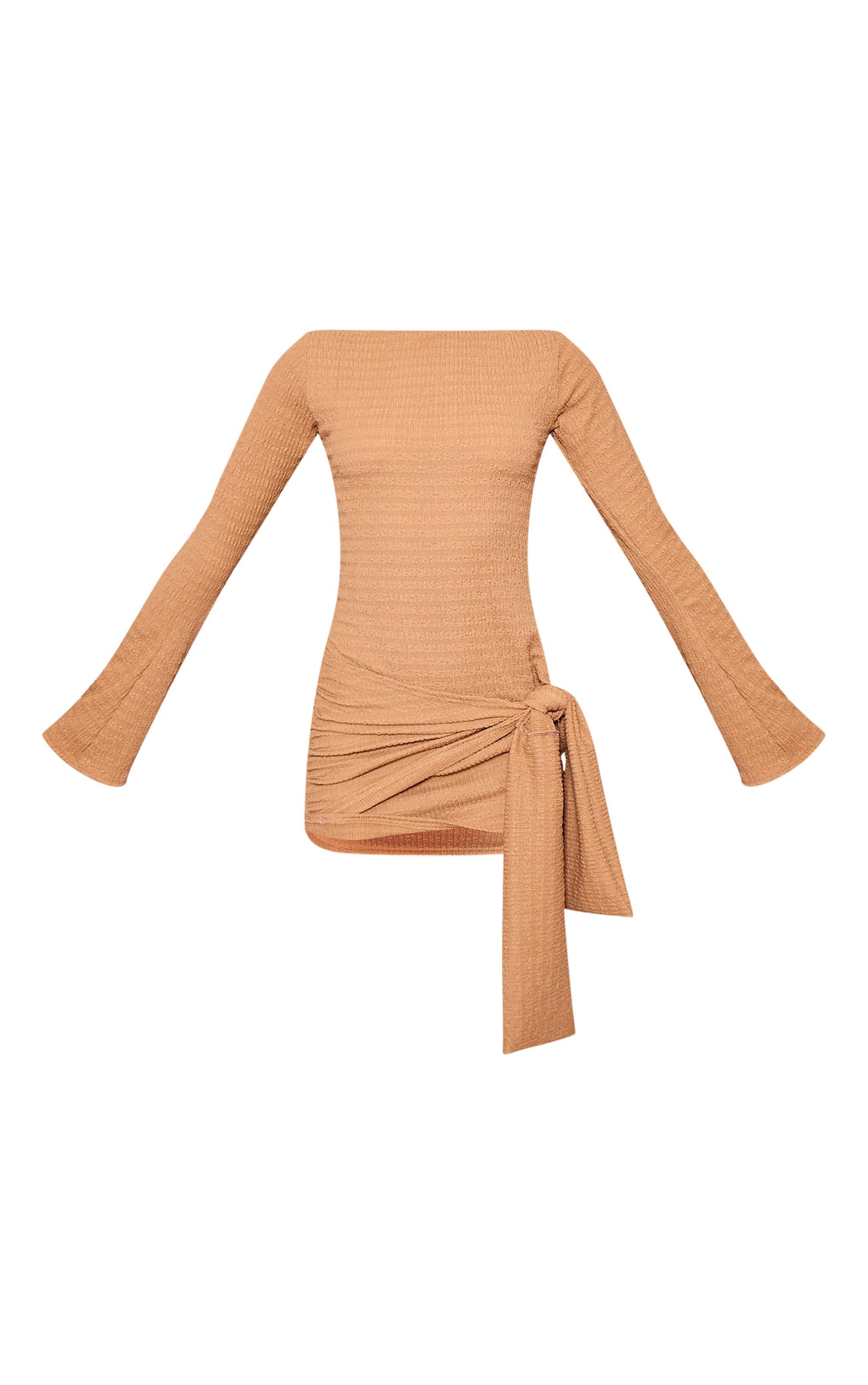 Camel Long Sleeve Drape Bodycon Dress Product Image