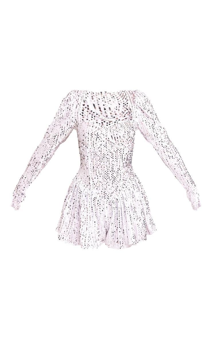 White Sequin Cup Detail Long Sleeve Skater Romper Product Image