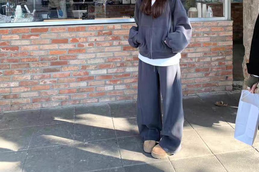 Drop Shoulder Plain Oversized Zip Hoodie / Drawstring Waist Plain Wide Leg Sweatpants Product Image