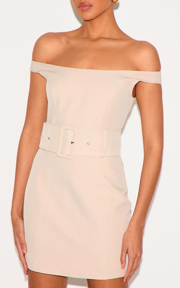 Almond Woven Off Shoulder Belt Detail Mini Dress Product Image