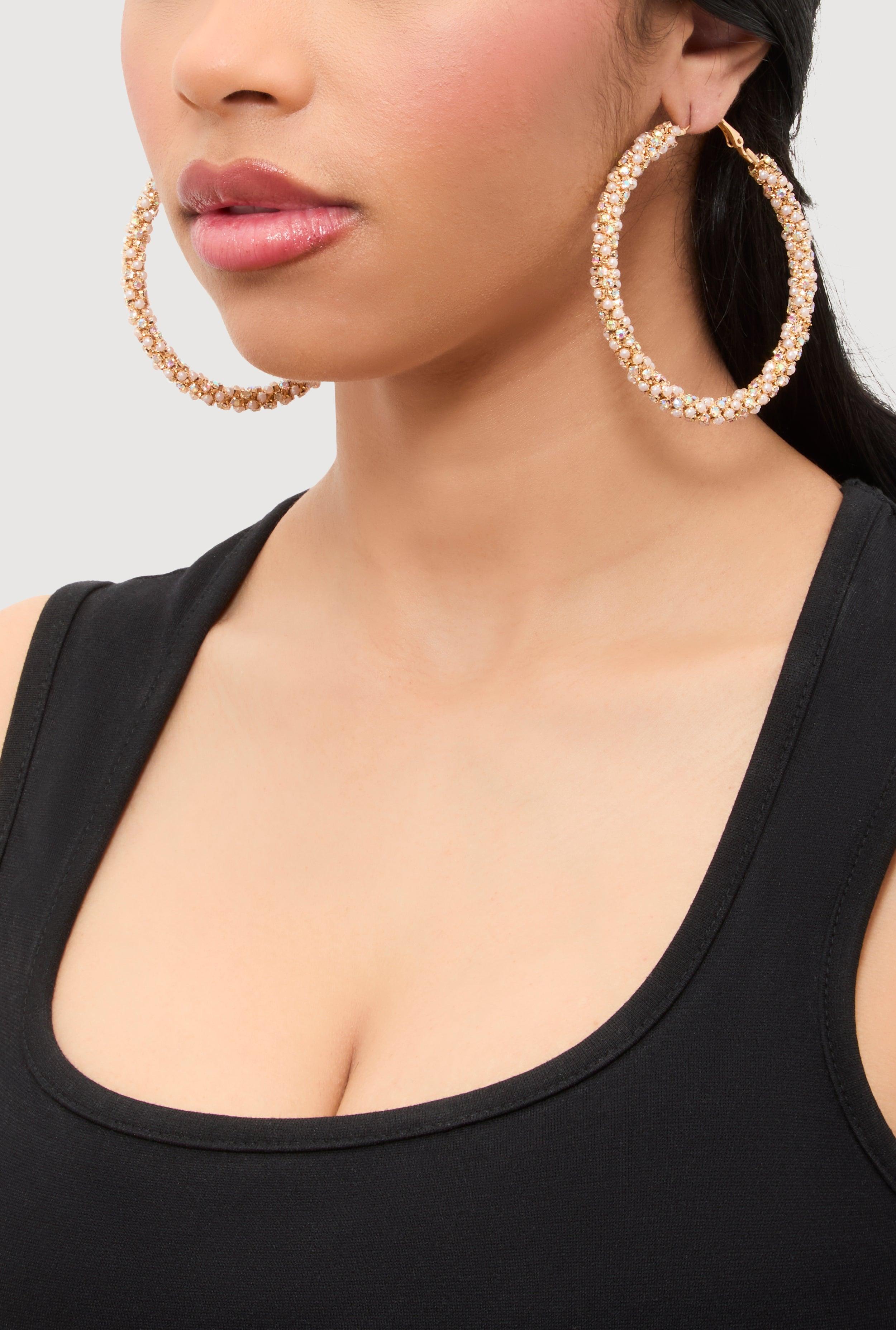 Faux Pearl Rhinestone Encrusted Hoop Earrings Female Product Image