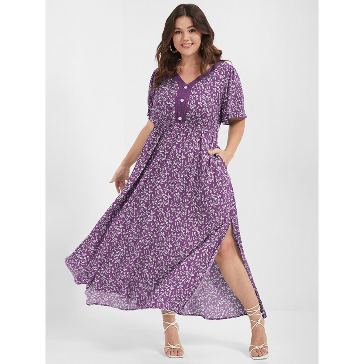 Plus Size Ditsy Floral Button Lace Pocket Split Ruffles Maxi Dress DustyPink Women Elegant Printed V-neck Short sleeve Curvy Long Dress BloomChic 12/L Product Image