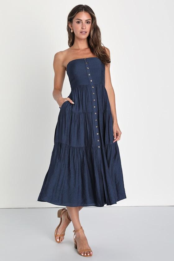 Sweetness and Sunshine Navy Strapless Midi Dress With Pockets Product Image