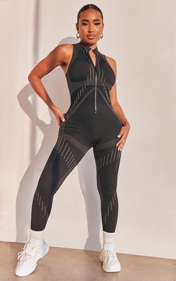 Shape Black Branded Contour Detail Zip Sports Jumpsuit Product Image