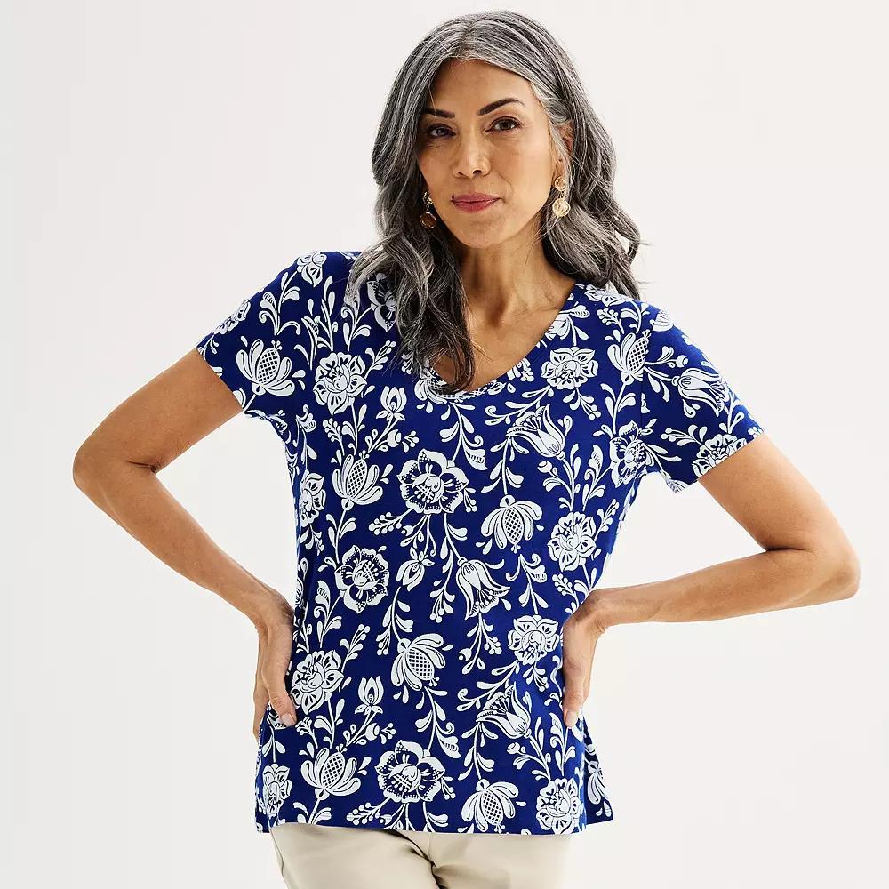 Petite Croft & Barrow® Essential V-Neck Tee, Women's, Size: Medium Petite, Pink Floral Tile Product Image