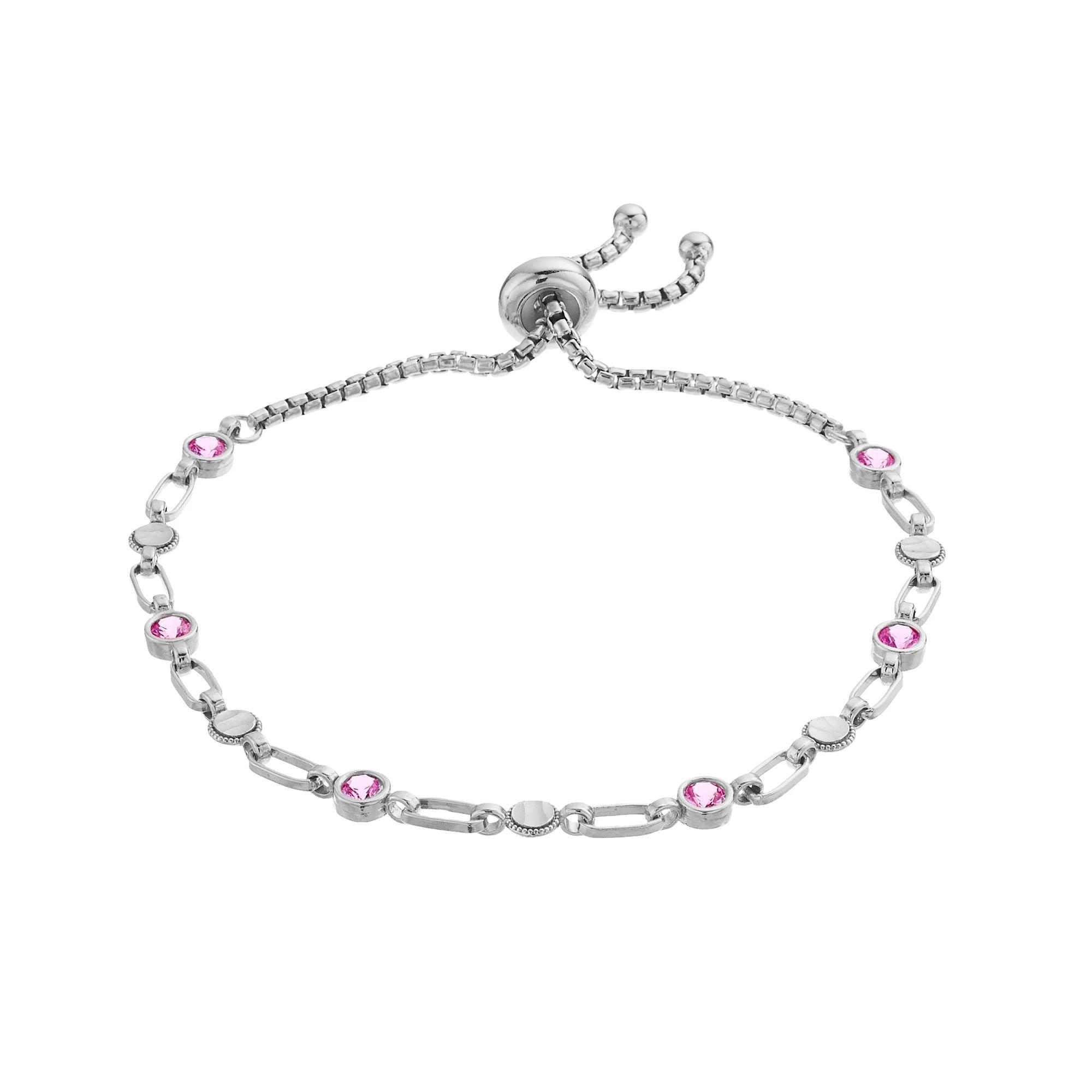 Kristen Kesho Sterling Silver Lab-Created Pink Sapphire & Round Link Adjustable Bolo Bracelet, Women's, Size: 9.50 Product Image