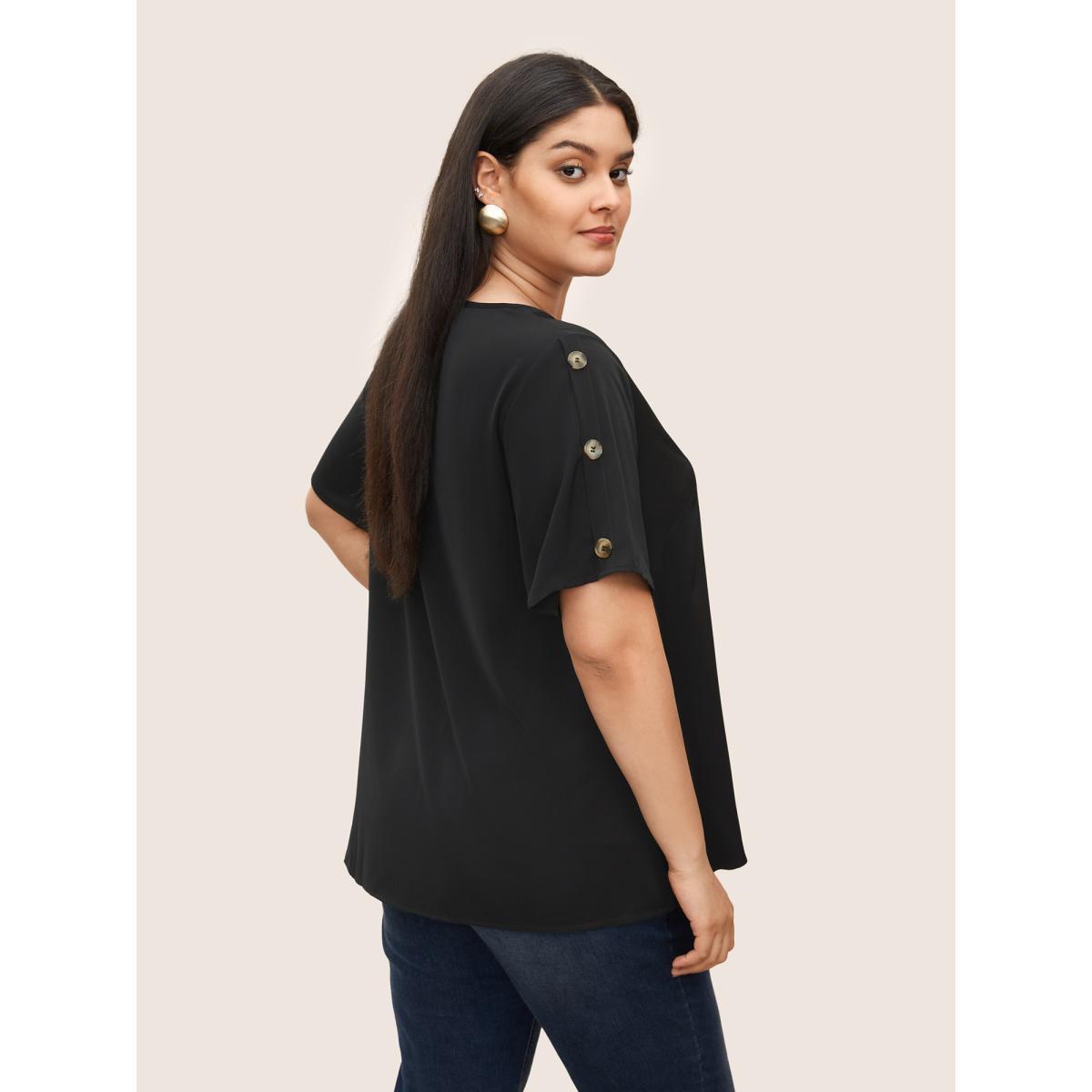 Plus Size Black Plain Round Neck Button Detail Blouse Women Casual Short sleeve Round Neck Everyday Blouses BloomChic 10/M Product Image