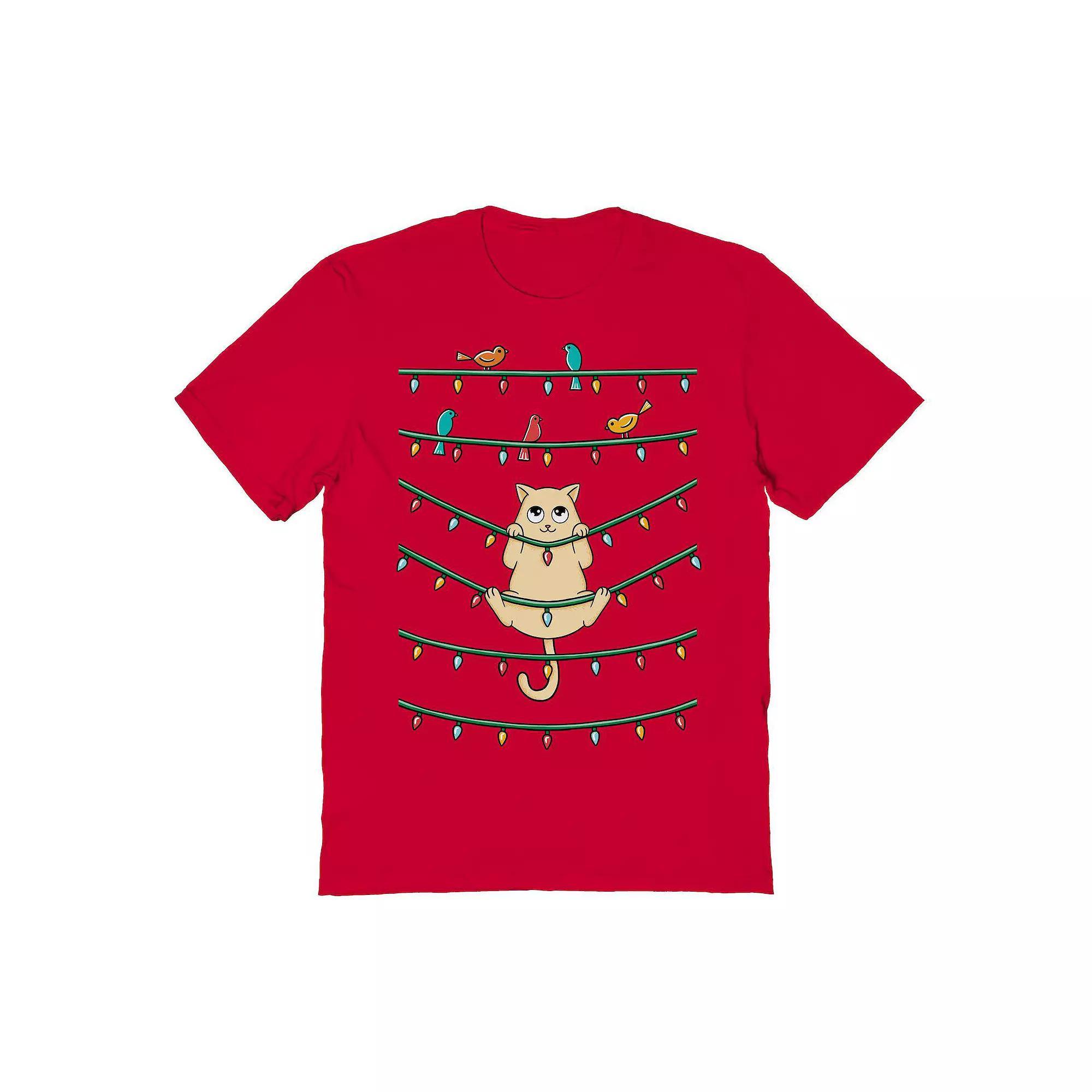 Men's Cat and Birds Christmas Graphic Tee, Size: Small, Red Product Image